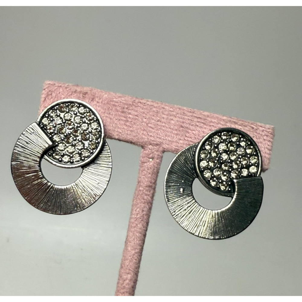 Lia Sophia Kiam Family Coll Matte Silver Tone Crystal Rhinestone Circle Earrings